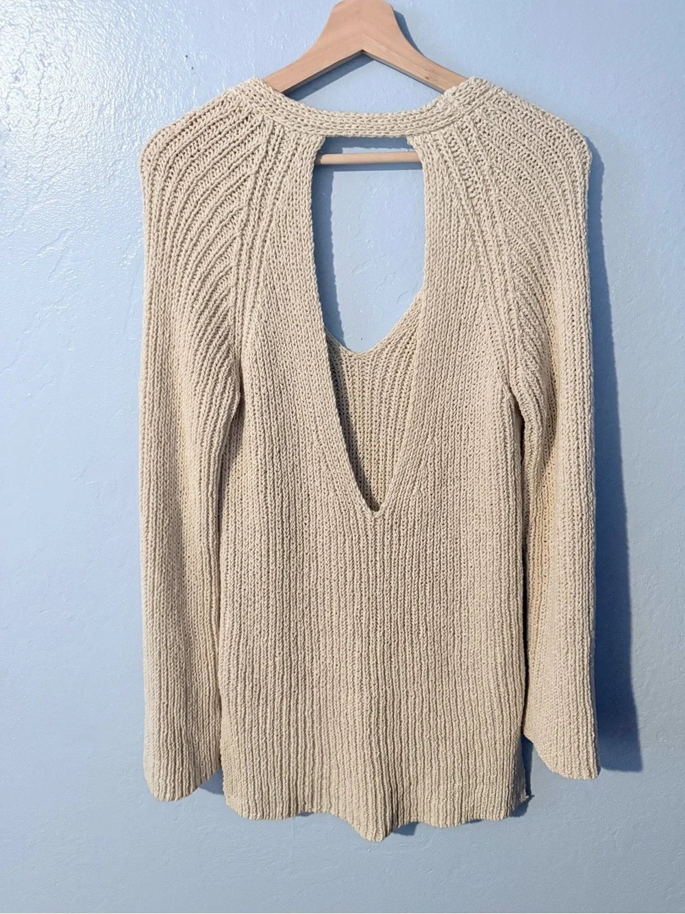 Free People Cream Open Knit V-Neck Sweater